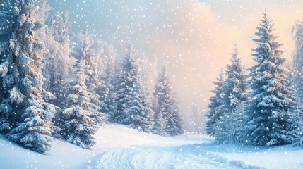 Winter landscape background. Snowing forest with fir trees on a snowy day.