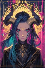 unique illustration portrait of a woman with horns