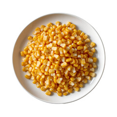 Fresh plump corn kernels arranged neatly on white plate, showcasing their vibrant yellow color and appealing texture. Perfect for culinary presentations or healthy recipes
