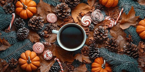 Cozy fall corner with pumpkins, sweaters, and hot chocolate on rustic wood