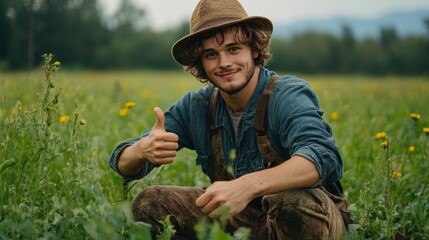 Young farmer giving thumbs up while crouching in field