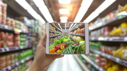 Person using a smartphone to capture fresh produce in a grocery store aisle, emphasizing the modern shopping experience.