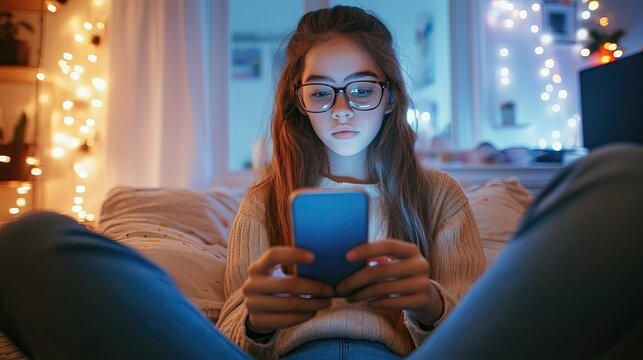 Teen girl using smartphone on a couch at home surrounded by soft fairy lights in the evening