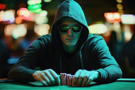 A focused poker player wearing a hoodie and sunglasses at a bustling casino table surrounded by colorful lights during the night