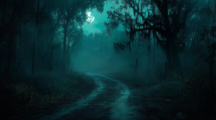 Dark Mysterious Forest Path at Night with Moonlight