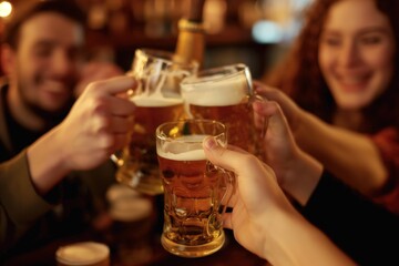 Group of friends gather around table in lively pub setting. Beer glasses, drinks, and joyful faces. Conversational atmosphere in bar or restaurant. Happy adults socialize, bond, and have fun.
