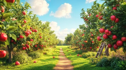 Orchard with apple trees and a ladder for picking fresh, ripe fruit Perfect for agriculture garden harvest, this rural farm offers delicious, healthy produce in a natural, organic environment