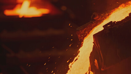 Flows of molten metal at metallurgical plant. Stock footage. Bright molten metal flows in stream in...
