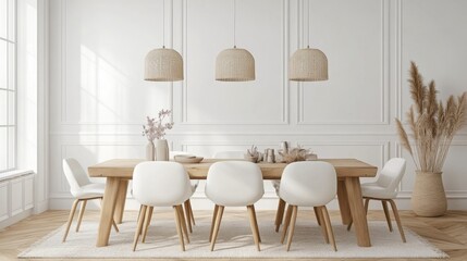 A spacious dining area showcases a light wooden table surrounded by white chairs. The room features natural light and stylish woven pendant lights, creating a warm and inviting atmosphere.
