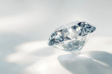 A stunning diamond sparkles on a soft surface, showcasing its brilliance and intricate facets under soft lighting