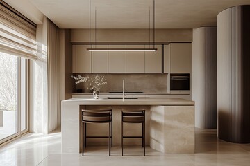 Modern minimalist kitchen design with natural light, beige tones, and elegant decor in a contemporary home setting