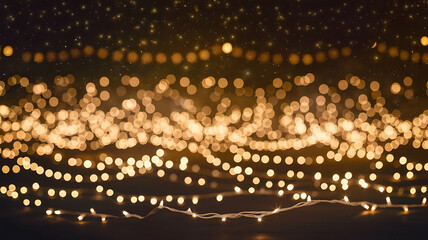 Golden Bokeh Lights and Dark Background: Festive Holiday Cheer and Warmth. 
