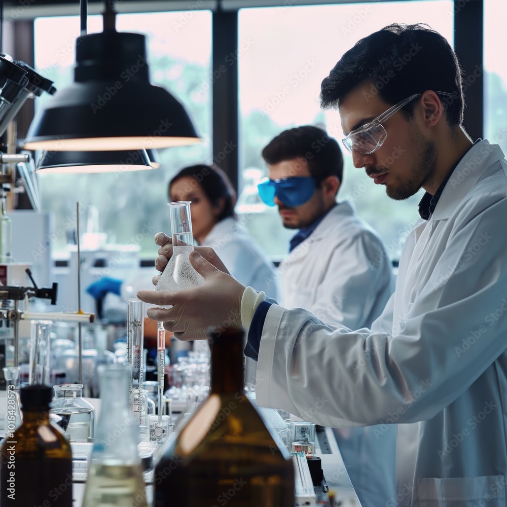 Aufkleber scientist in lab coat examines liquid in beaker, pours into flask. focused expression, precise hands