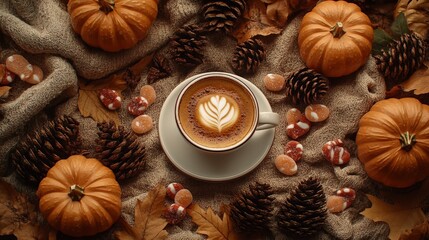 Cozy fall corner with pumpkins, sweaters, and hot chocolate on rustic wood