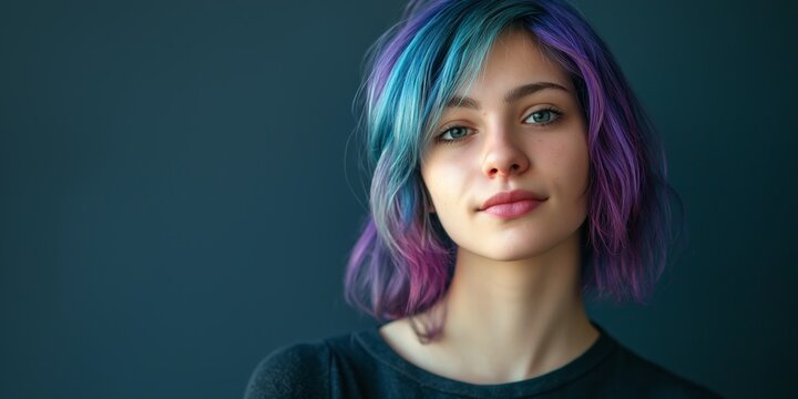 A woman with purple hair is smiling at the camera. She has blue and purple hair and is wearing a black shirt