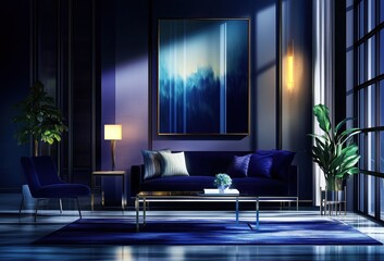 Elegant modern living room with deep blue tones and stylish decor illuminated by soft lighting in a contemporary interior space