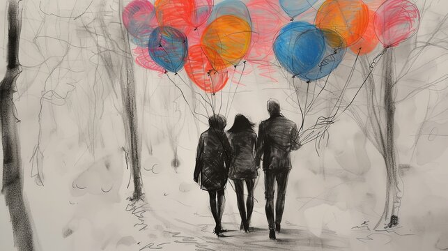 A serene charcoal sketch of three people walking through a forest, holding colorful balloons. The vibrant balloons create a striking contrast against the muted black and white forest scene.