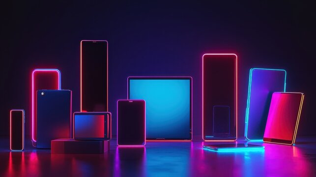 Colorful neon outlines of various electronic devices against a dark background, showcasing modern technology and innovation.