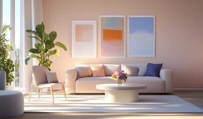 Bright and airy living room with modern decor, green plants, and pastel artwork showcasing a cozy afternoon atmosphere