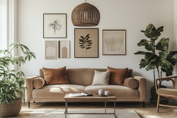 Elegant living room with neutral tones, modern decor, and plants creating a cozy atmosphere in a bright space