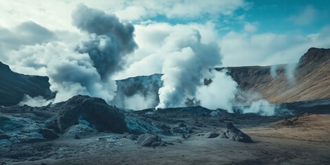 Obraz premium A large cloud of smoke rises from a volcano, creating a dramatic and ominous atmosphere. The smoke billows high into the sky, covering the surrounding landscape in a thick haze