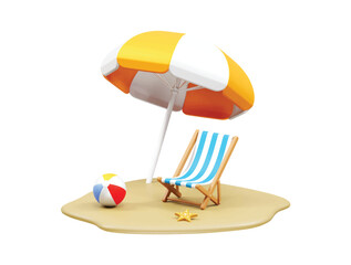 Beach area icon. 3d render beach with parasol, sand bucket, starfish and beach chair icon illustration