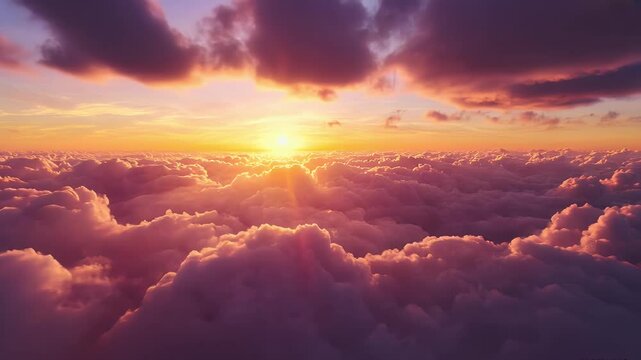 A beautiful sunset above the clouds with a bright sun.
