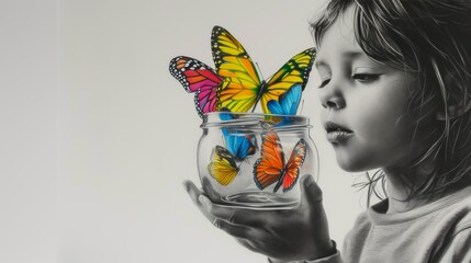 A child gently holds a jar as bright butterflies take flight, contrasting with the grayscale background. The mix of surrealism and realism evokes wonder and imagination, perfect for creative concepts.