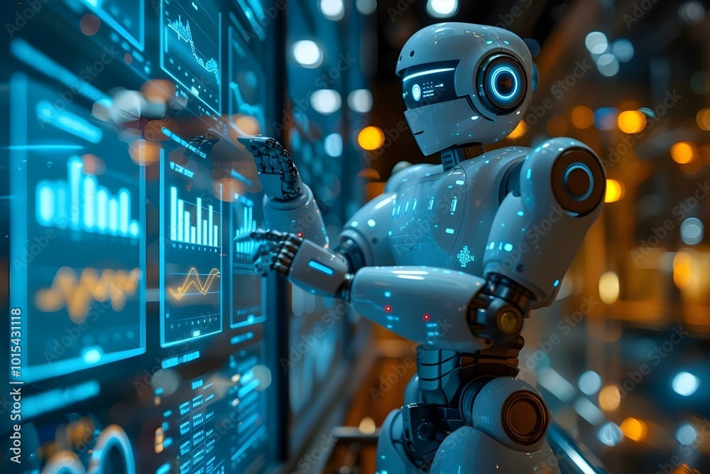 Poster humanoid robot using kpi dashboard with financial analytics graphs.