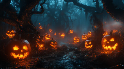 Naklejka premium Halloween background with pumpkins, thick fog, pumpkin lanterns