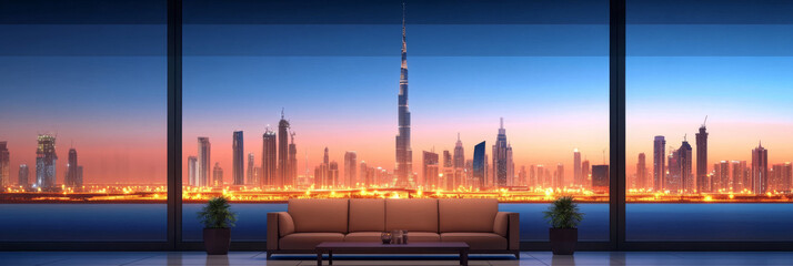 Naklejka premium A modern living room with a stunning view of the city skyline at sunset. The large windows offer an expansive perspective, capturing the beauty of the urban landscape.