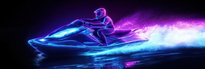 Glowing 3D hologram of jetski in water. Summer tropical sports.