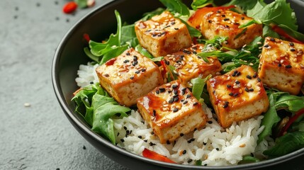 Tofu with rice in green salad, healthy dish and gourmet vegan lunch, vegetarian food and dinner delicious fresh meal in Asian cuisine sauce plate