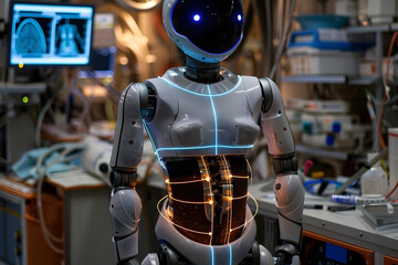 Fototapeta premium Close-up Of Humanoid Robot's Abdomen With Correction Lines For Abdominal Surgery