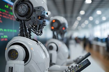 Fototapeta premium Close-up Of Two Humanoid Robots Analyzing Graph On Digital Tablet, advisor, ai, artificial, financial, intelligence, code, tablet, tech, machine, stock, technology, future, finance, 4, 0