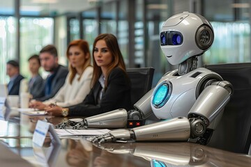Fototapeta premium Humanoid robot at the hiring interview in the office, robot, business, ai, artificial, card, intelligence, code, interview, tech, machine, job, technology, future, customer, 4, 0, people