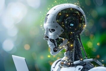 Fototapeta premium Close-up Of Humanoid Robot Chatting On Social Website With Laptop.