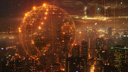 a nighttime cityscape with numerous illuminated buildings and lights. Superimposed over the city is a digital representation of the Earth