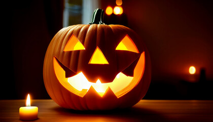Fototapeta premium A glowing carved pumpkin sits on a wooden table surrounded by candles. Close up of Jack O' Lantern on Halloween