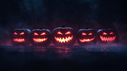 Fototapeta premium Five jack-o'-lanterns glow ominously in the dark, creating a spooky Halloween atmosphere.