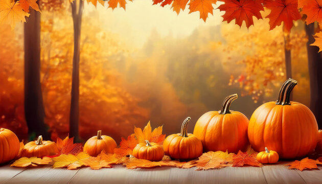 Pumpkins and autumn leaves on wooden planks with copy space, autumnal forest background, fall, halloween and thanksgiving banner