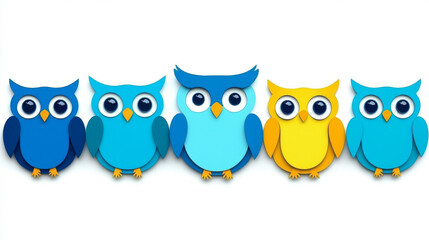 Fototapeta premium Five colorful owls stand in a row against a white background. The owls are made of paper and have big, round eyes.
