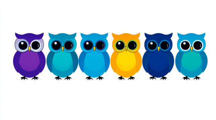 Fototapeta premium Six cartoon owls in a row, each a different color of blue, purple, and yellow.