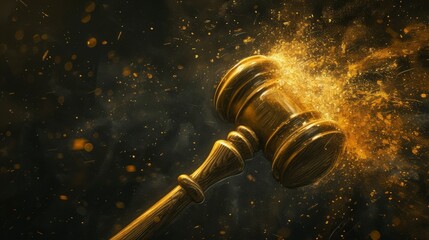 A wooden gavel shattering into golden particles, symbolizing the end of judgment, law, or authority. The image captures a moment of destruction, filled with dynamic energy and powerful symbolism, as