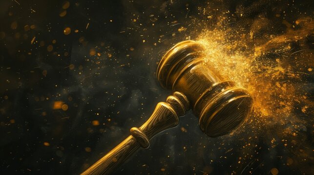 A wooden gavel shattering into golden particles, symbolizing the end of judgment, law, or authority. The image captures a moment of destruction, filled with dynamic energy and powerful symbolism, as