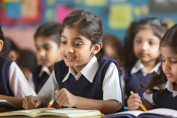 Group of children in school uniform sit at desks, studying and learning in classroom. Students focused on work with pencils and books. Colorful posters adorn walls.