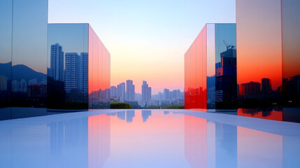 Obraz premium A city skyline is reflected in the glass walls of a modern building, creating a captivating urban landscape.