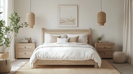 The inviting bedroom features a wooden bed with a soft white comforter, accented by earthy tones. Natural light illuminates the space, enhanced by woven pendant lights and greenery.