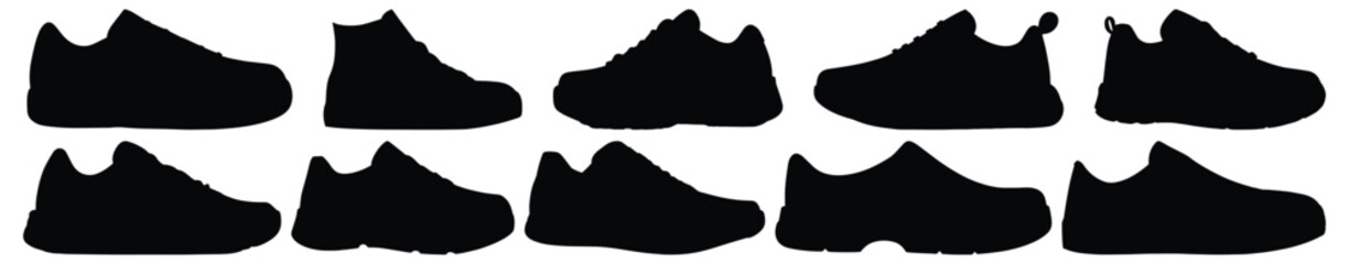 Shoes silhouettes set, footwear pack of vector silhouette design, isolated background.