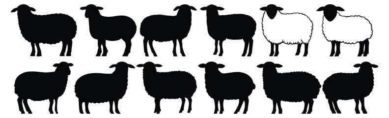 Sheep silhouettes set, animal pack of vector silhouette design, isolated background.